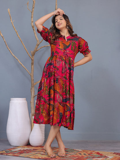 Mitrika Tropical Bloom Viscose Rayon Fit & Flare Midi Dress
