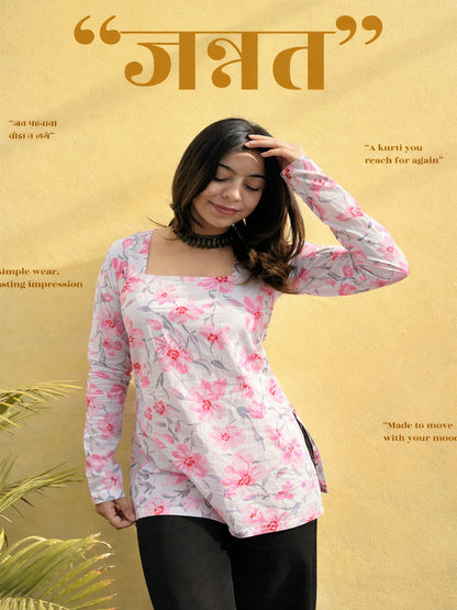 Women Pink Floral Printed Square Neck Pure Cotton Kurti Top | Soft Everyday Wear