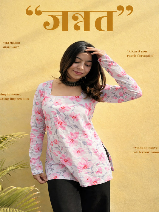 Women Pink Floral Printed Square Neck Pure Cotton Kurti Top | Soft Everyday Wear