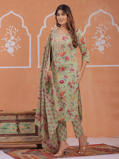 Mitrika Elegant Sage Green Floral Printed Kurta Set with Dupatta