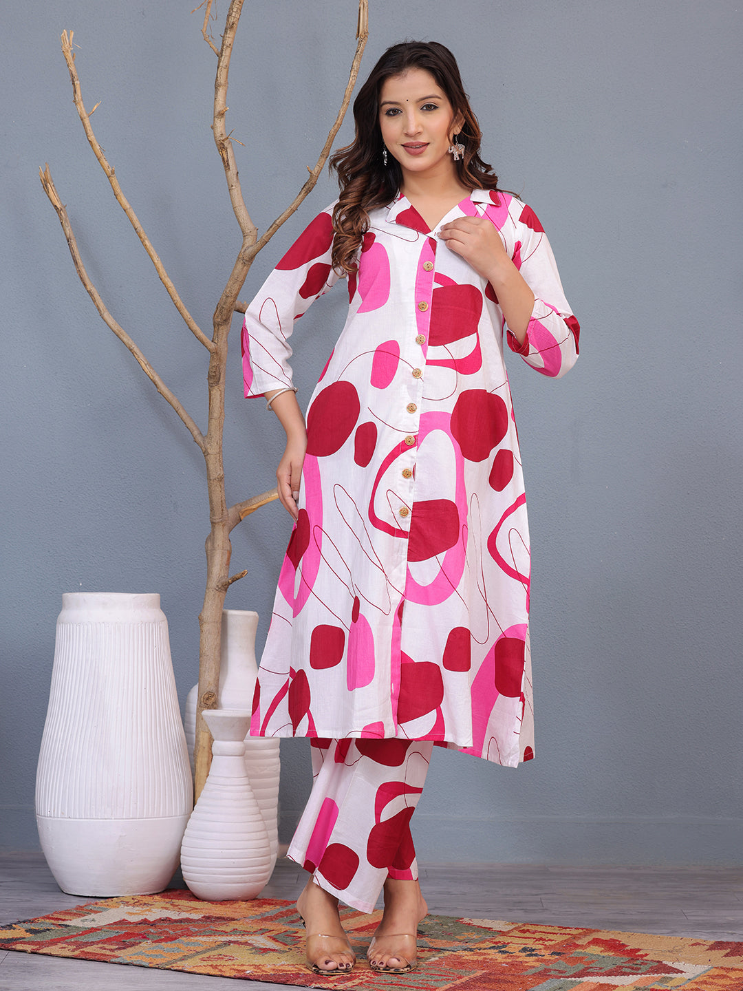 Mitrika White & Pink Abstract Print Cotton Co-ord Set