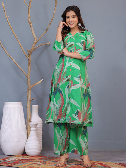 Mitrika Elegant Green Leaf-Print Cotton Co-Ord Set