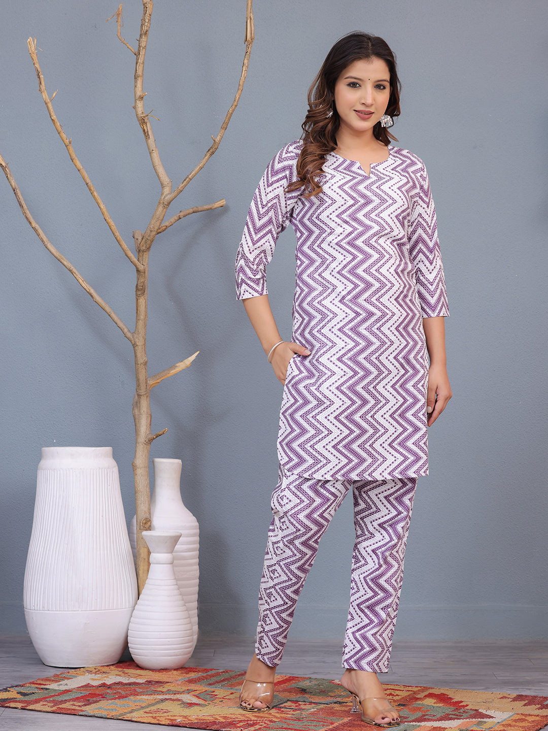 Mitrika Purple & White Zigzag Printed Cotton Co-Ords Set