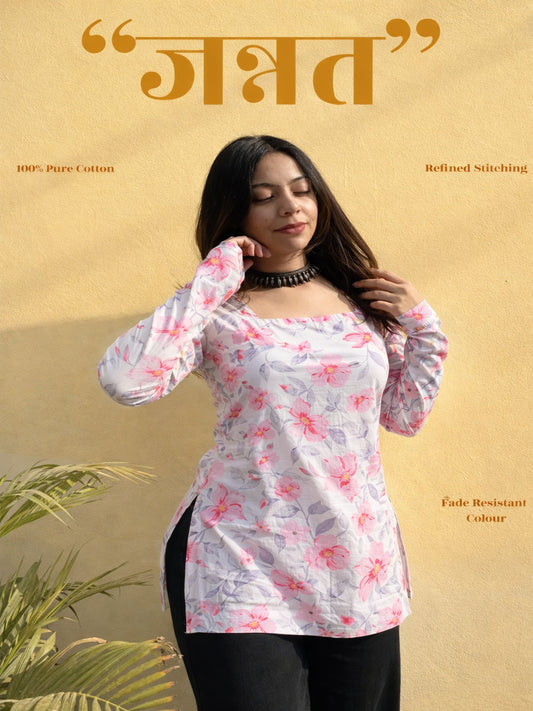 Women Pink Floral Printed Square Neck Pure Cotton Kurti Top | Soft Everyday Wear