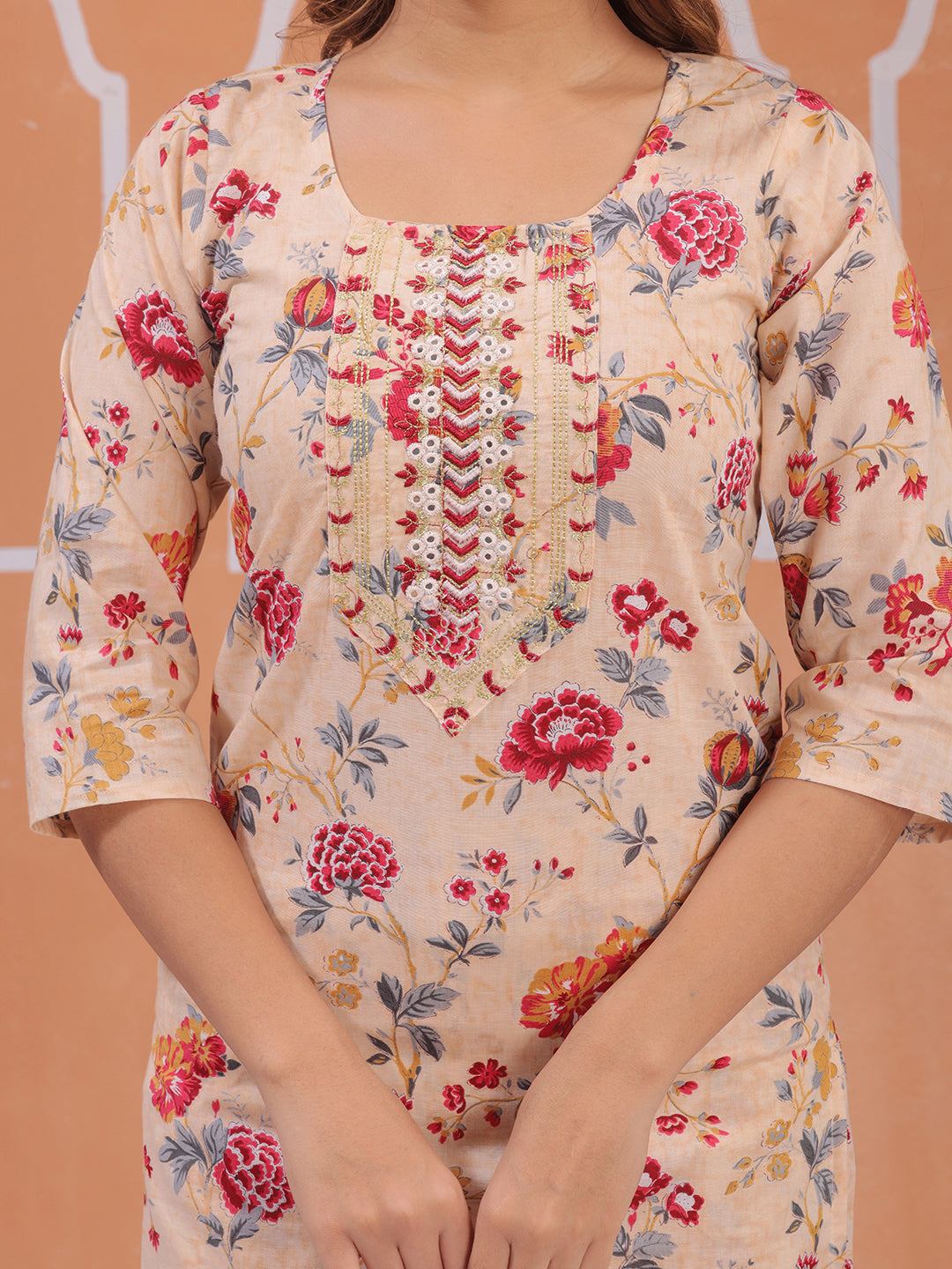 Mitrika peach floral printed kurta set with dupatta