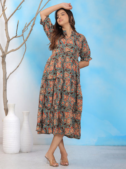 Mitrika Rust Floral Printed Fit & Flare Cotton Midi Dress