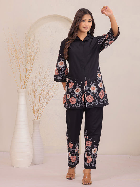 Black Floral Printed Cotton Shirt Collar Co-Ord Set for Women