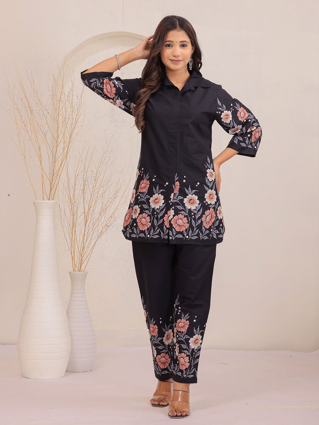 black co-ord set, floral print co-ord set, trending co-ords set , shirt type co-ords set, matching pant co-ords set, stylish co-ords set > Mitrika