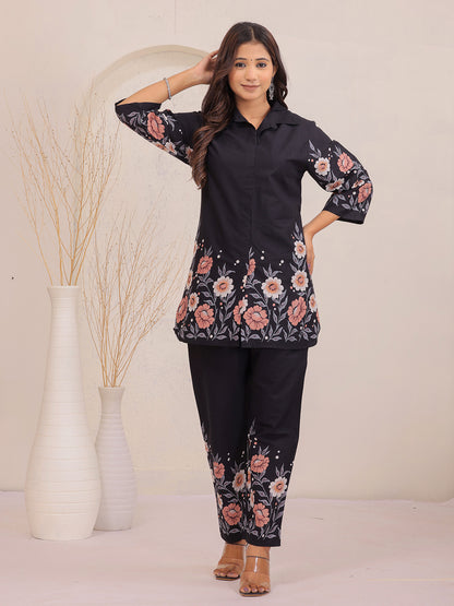 black co-ord set, floral print co-ord set, trending co-ords set , shirt type co-ords set, matching pant co-ords set, stylish co-ords set > Mitrika
