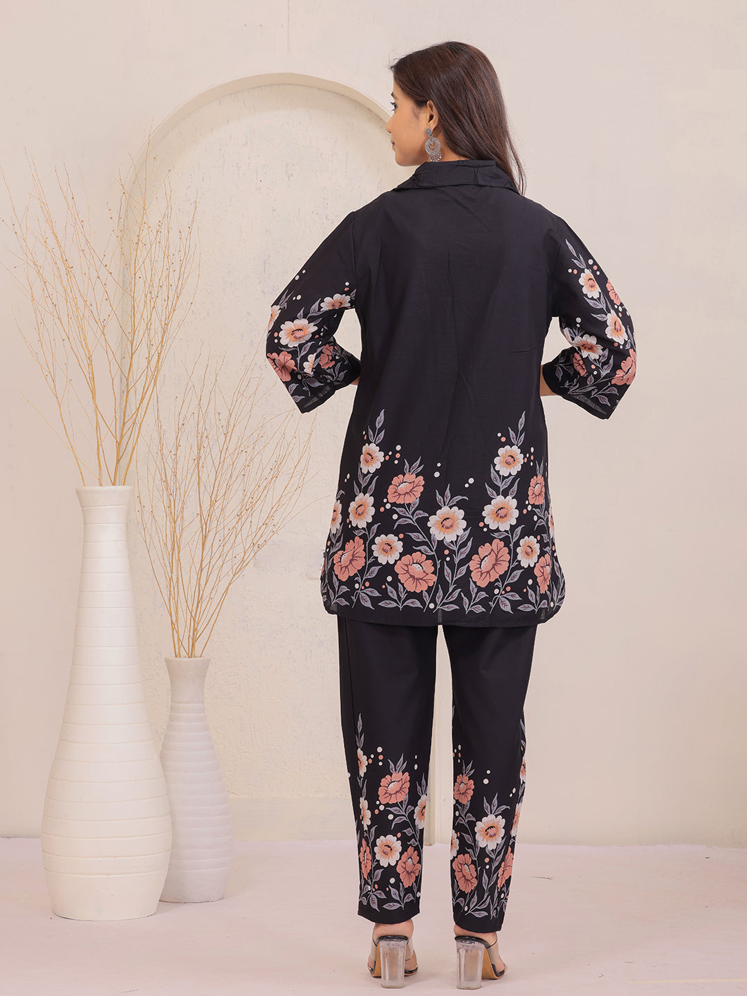Black Floral Printed Cotton Shirt Collar Co-Ord Set for Women