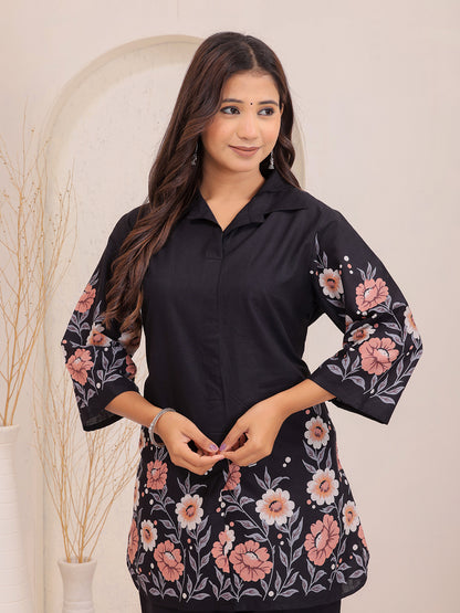 Black Floral Printed Cotton Shirt Collar Co-Ord Set for Women