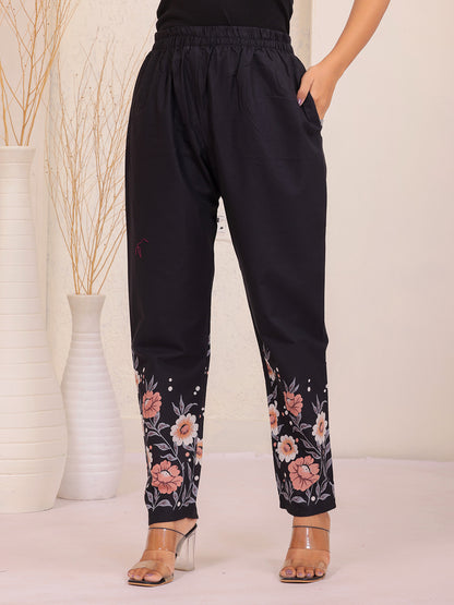 Black Floral Printed Cotton Shirt Collar Co-Ord Set for Women