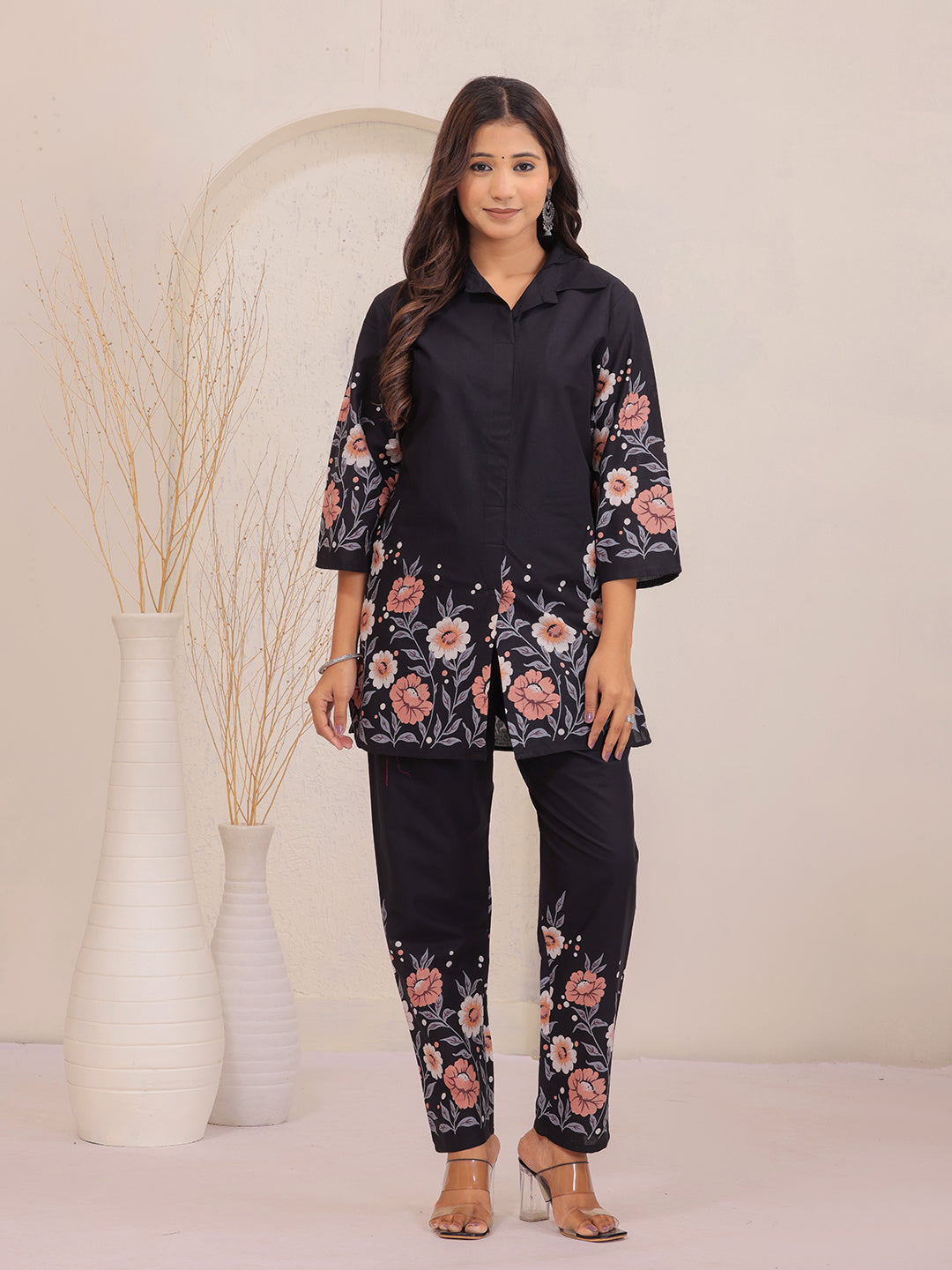 Black Floral Printed Cotton Shirt Collar Co-Ord Set for Women
