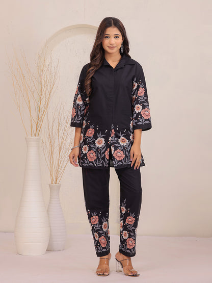 Black Floral Printed Cotton Shirt Collar Co-Ord Set for Women
