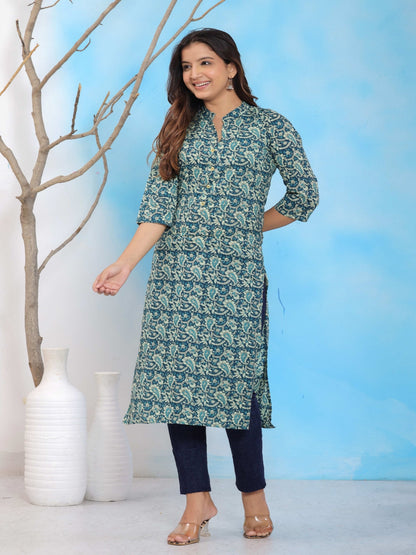 Women’s kurti,Straight kurti,Printed kurti,Cotton kurti,Daily wear kurti,Blue kurti,Floral print kurti,3/4 sleeve kurti,Summer kurti,Kurti with side slit,Traditional kurti for women > Mitrika