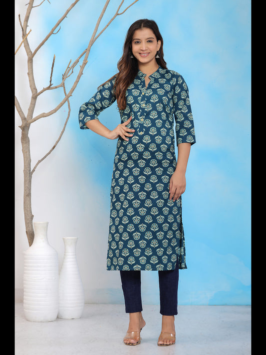 Women’s kurti, Straight kurti, Printed kurti, Cotton kurti, Ethnic wear for women, Casual kurti, Daily wear kurti, Green kurti, Blue kurti, Floral print kurti, 3/4 sleeve kurti, Summer kurti, Indian wear kurti, Office wear kurti, Kurti with side slit, A-line kurti, Traditional kurti for women > Mitrika