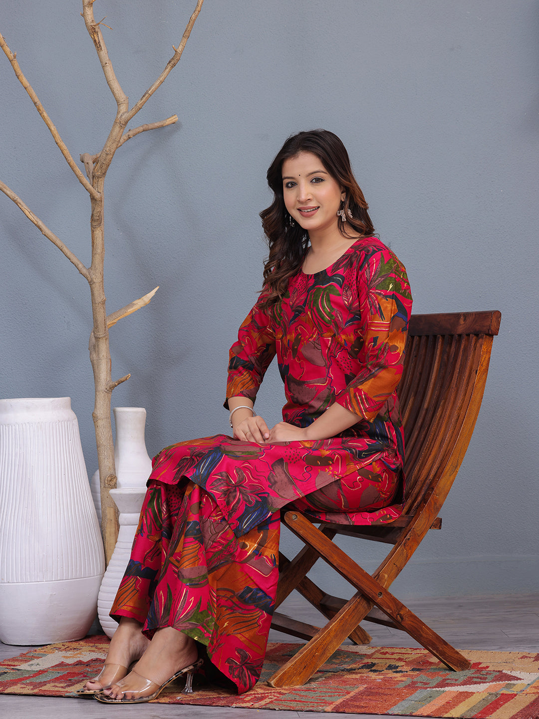 viscose rayon sharara set, women's ethnic wear, floral printed sharara set, multicolor kurta set, festive wear for women, tropical print kurta sharara, rayon kurta set online, party wear sharara set, casual ethnic outfit, designer sharara suit > Mitrika