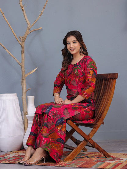 viscose rayon sharara set, women's ethnic wear, floral printed sharara set, multicolor kurta set, festive wear for women, tropical print kurta sharara, rayon kurta set online, party wear sharara set, casual ethnic outfit, designer sharara suit > Mitrika