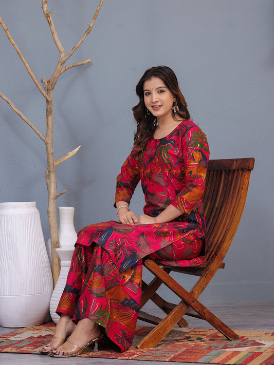 viscose rayon sharara set, women's ethnic wear, floral printed sharara set, multicolor kurta set, festive wear for women, tropical print kurta sharara, rayon kurta set online, party wear sharara set, casual ethnic outfit, designer sharara suit > Mitrika