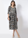 Mitrika Charcoal Black Floral Embroidered Fit & Flare Midi Dress