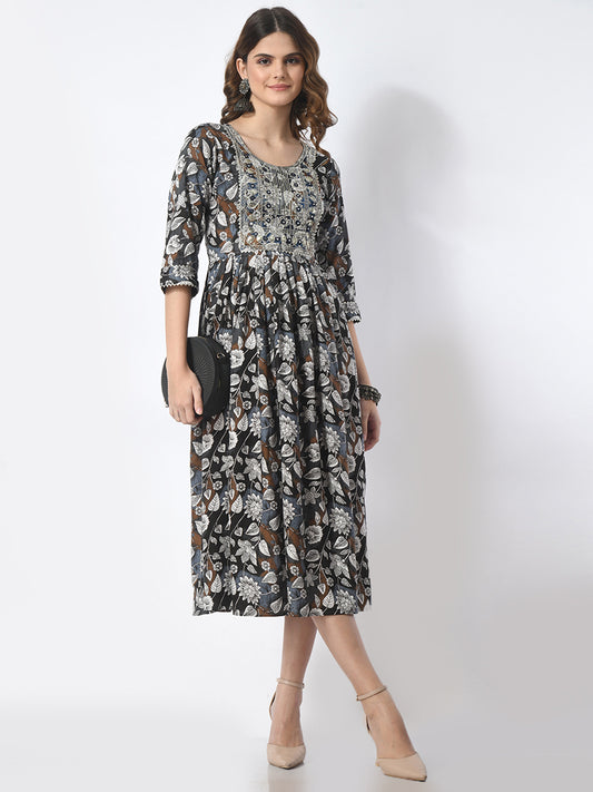 Charcoal black midi dress, floral embroidered dress, fit and flare party dress, elegant western wear dress, women’s stylish midi outfit > Mitrika