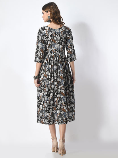 Woman wearing a floral dress on a white background