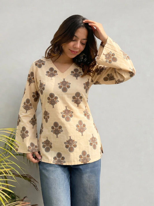 Women Beige with Brown Floral Print V-Neck Pure Cotton Kurta Top with Bell Sleeves