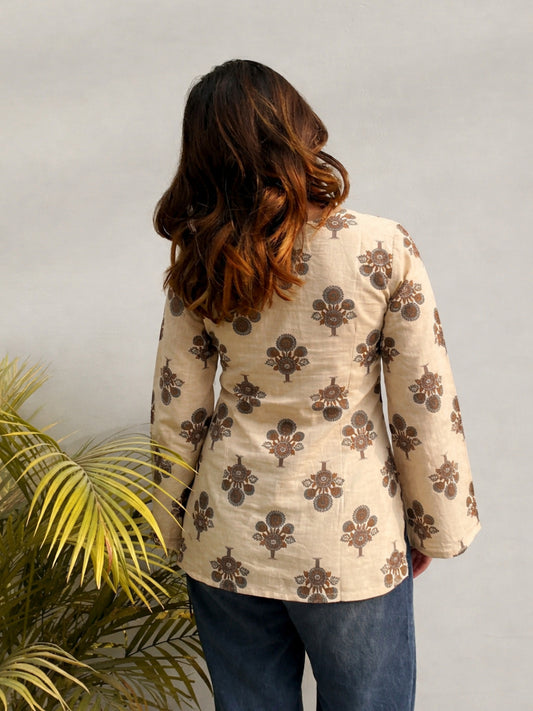 Women Beige with Brown Floral Print V-Neck Pure Cotton Kurta Top with Bell Sleeves