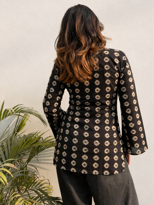 Women Black with Beige Dot Printed V Neck Pure Cotton Top