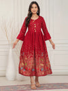 Mitrika Crimson Elegance Flared Kurti with Gold Foil and Multicolor Leaf Print
