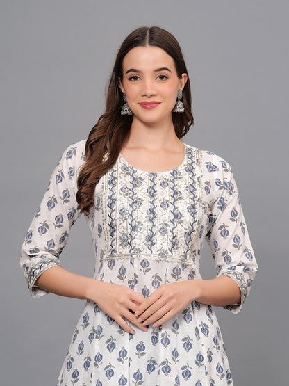 Mitrika Elegant White & Blue Printed Cotton Kurta Set