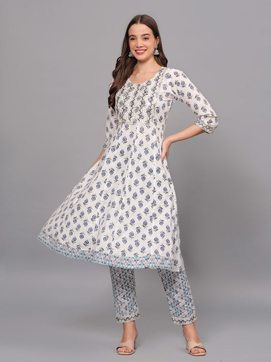 Mitrika Elegant White & Blue Printed Cotton Kurta Set