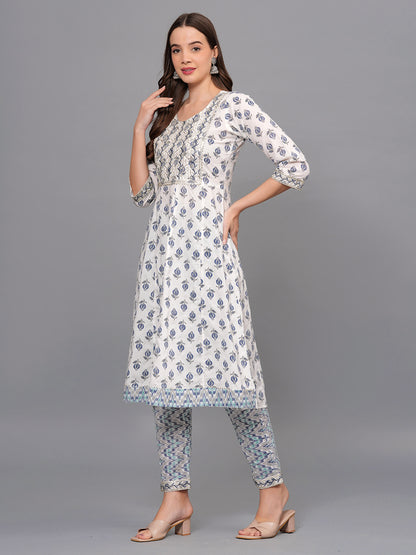 Mitrika Elegant White & Blue Printed Cotton Kurta Set