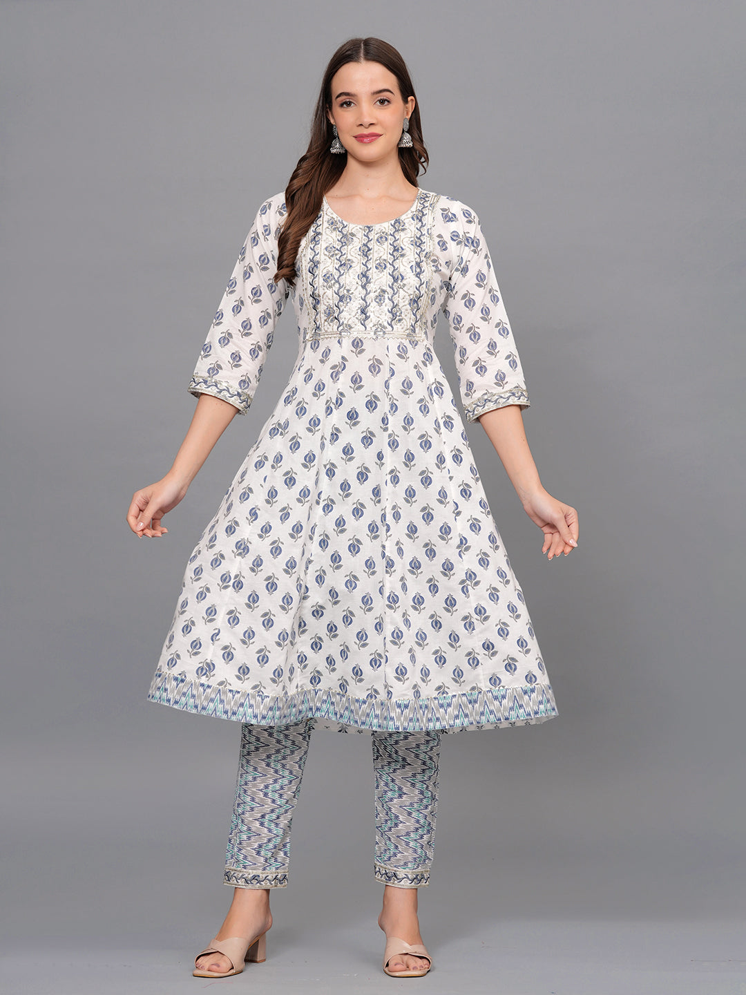 Mitrika Elegant White & Blue Printed Cotton Kurta Set