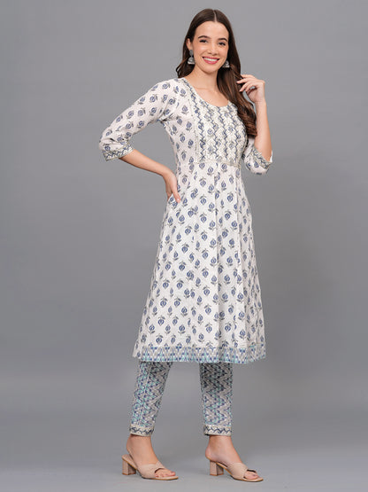 Mitrika Elegant White & Blue Printed Cotton Kurta Set