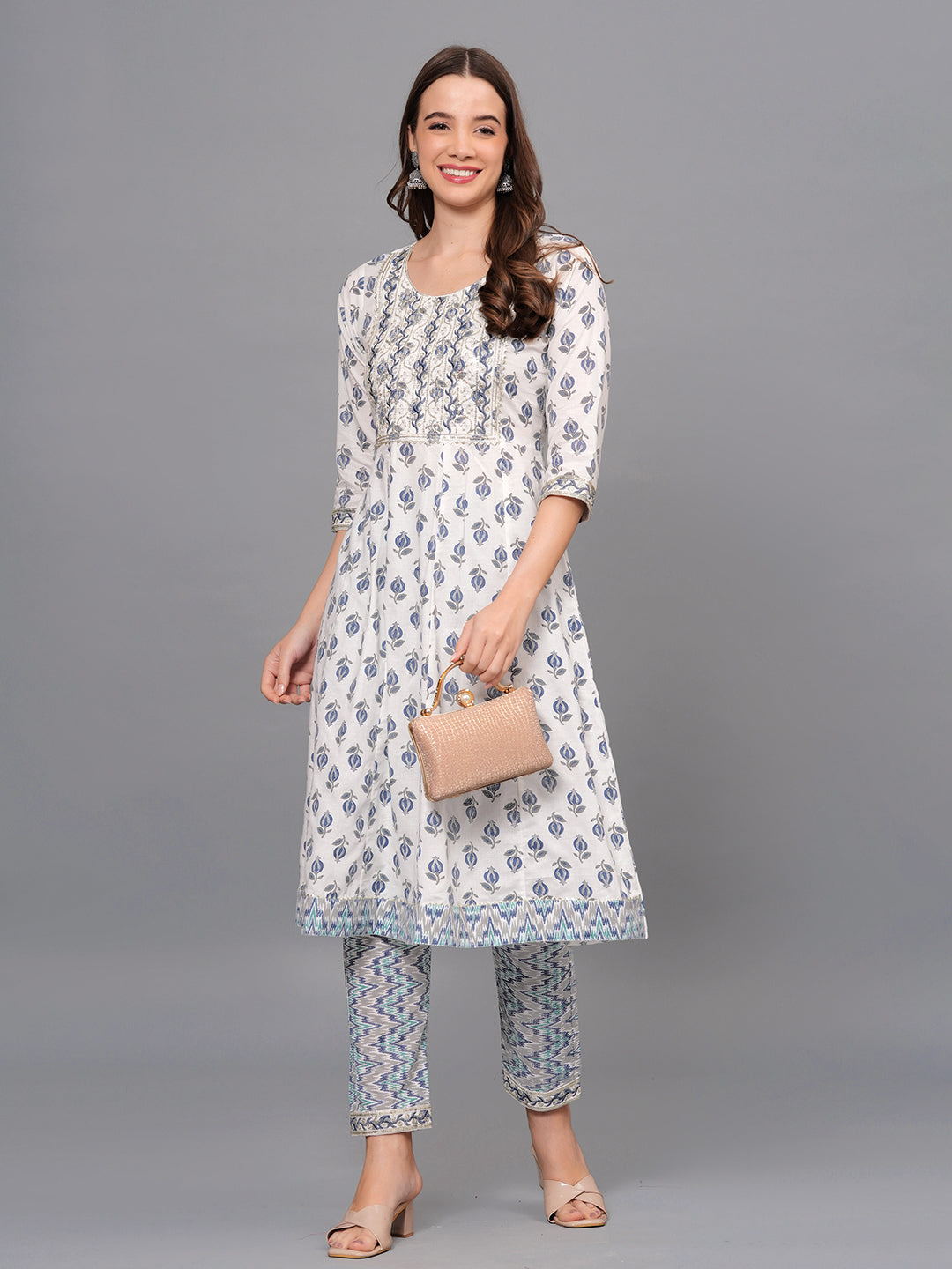 Mitrika Elegant White & Blue Printed Cotton Kurta Set