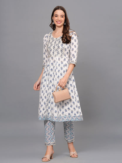 Mitrika Elegant White & Blue Printed Cotton Kurta Set