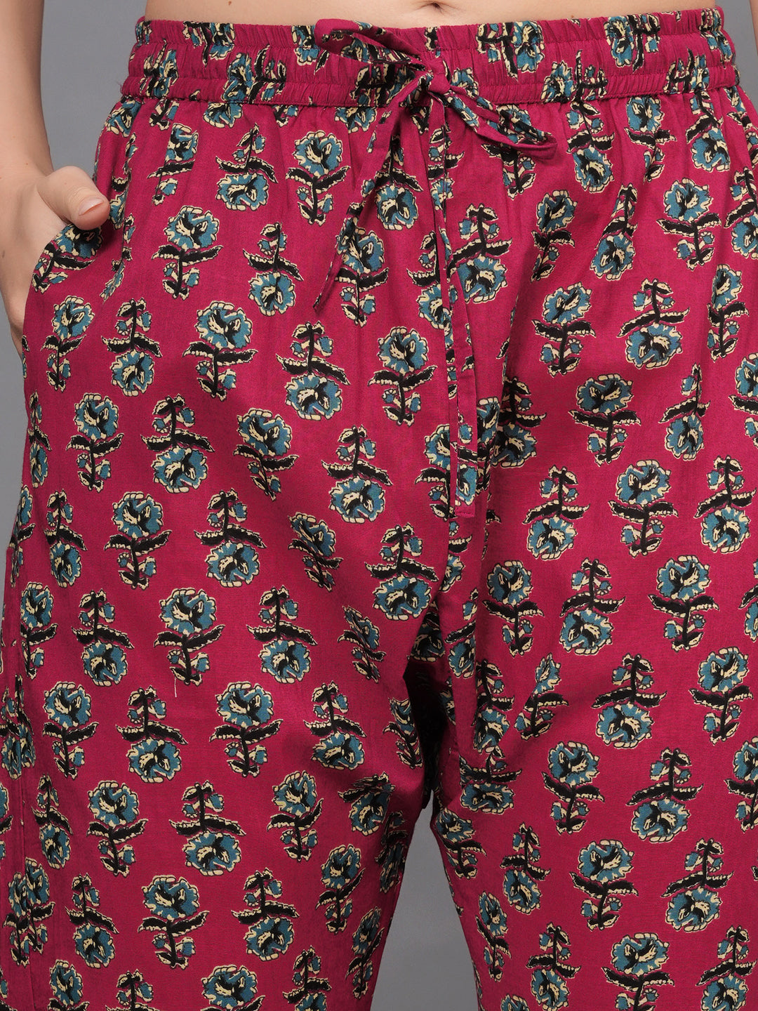 Mitrika Maroon Floral Printed Cotton Kurta Set with Embroidered Yoke