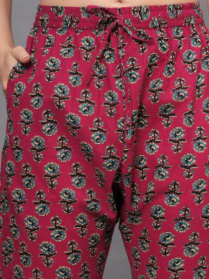 Mitrika Maroon Floral Printed Cotton Kurta Set with Embroidered Yoke