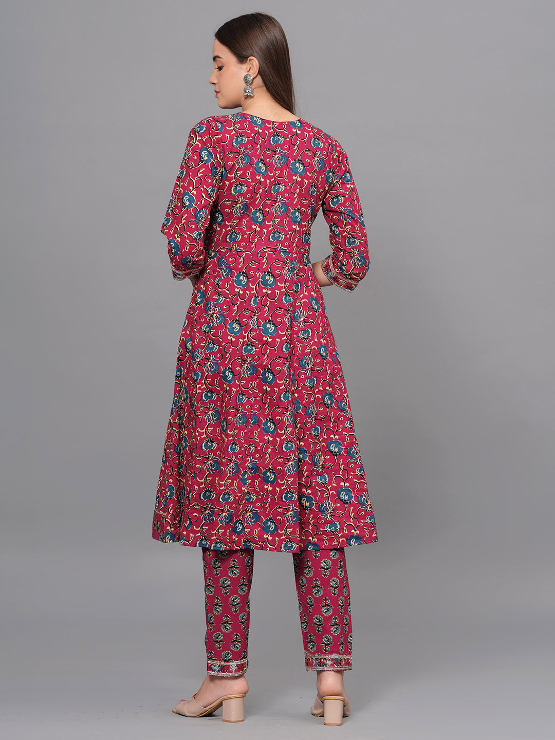 Mitrika Maroon Floral Printed Cotton Kurta Set with Embroidered Yoke