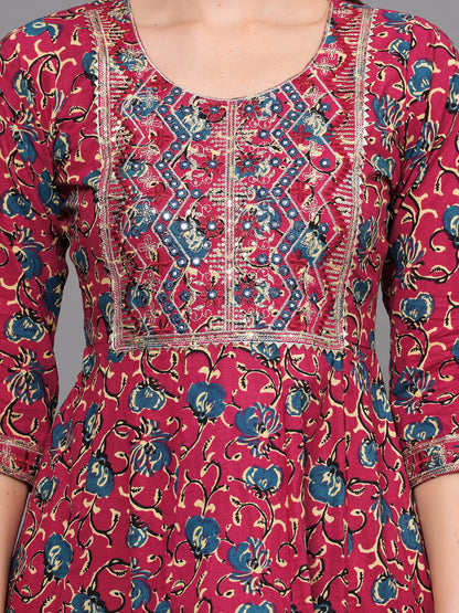 Mitrika Maroon Floral Printed Cotton Kurta Set with Embroidered Yoke
