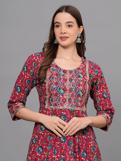 Mitrika Maroon Floral Printed Cotton Kurta Set with Embroidered Yoke
