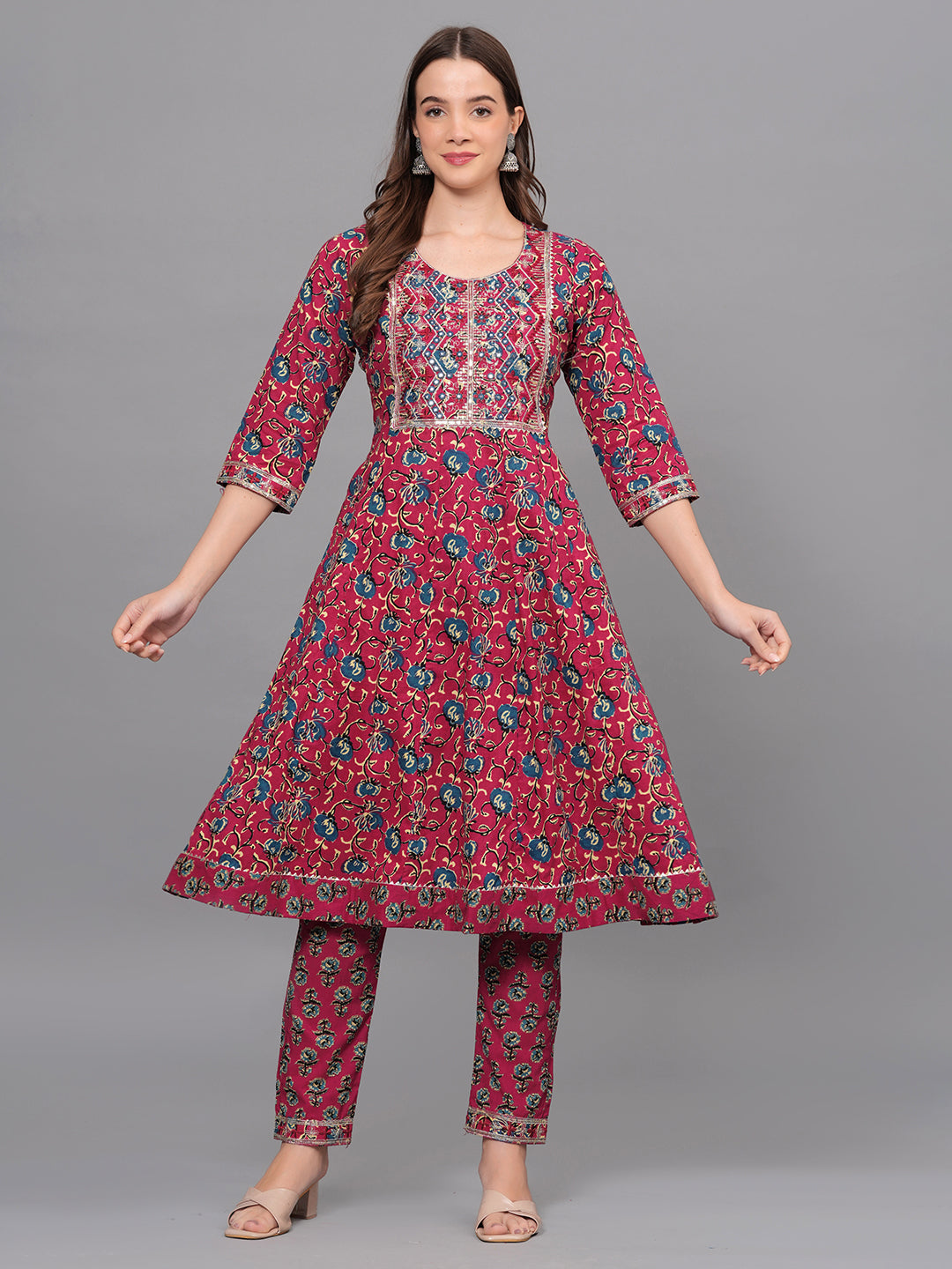 Mitrika Maroon Floral Printed Cotton Kurta Set with Embroidered Yoke