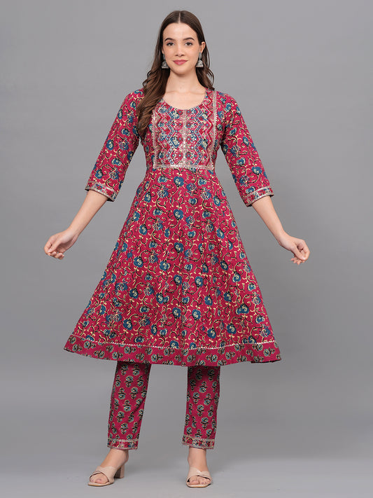 Mitrika Maroon Floral Printed Cotton Kurta Set with Embroidered Yoke
