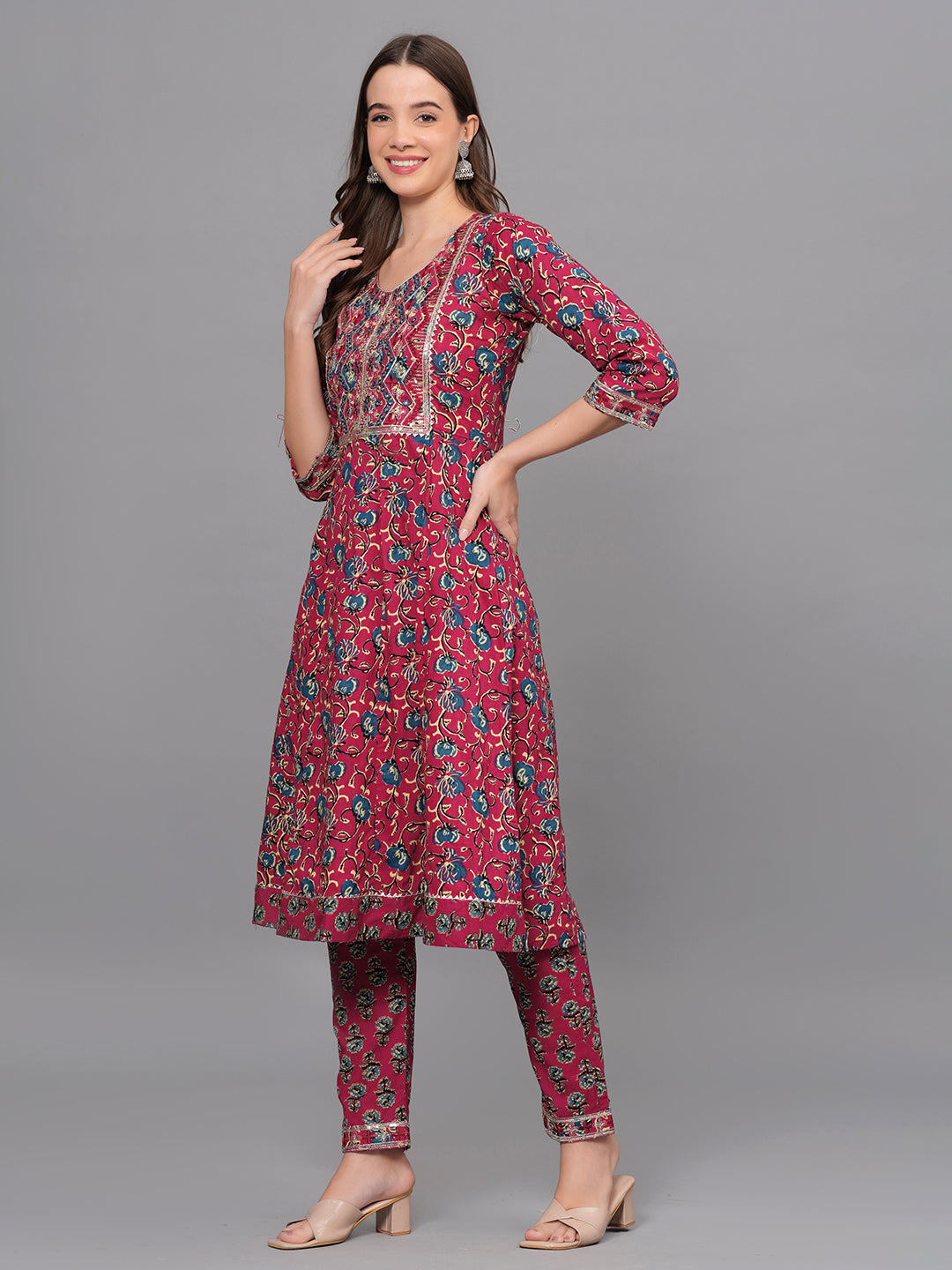 Mitrika Maroon Floral Printed Cotton Kurta Set with Embroidered Yoke