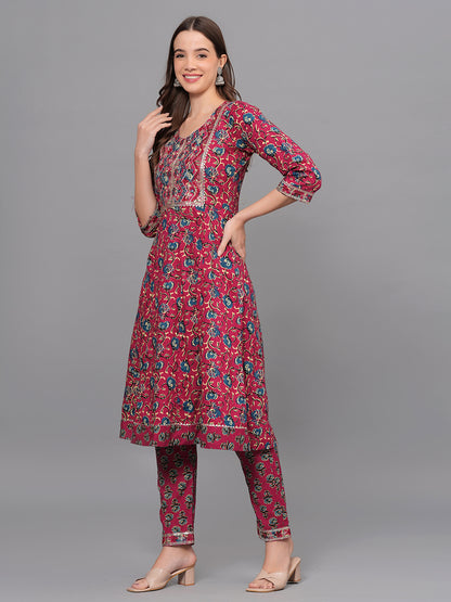 Mitrika Maroon Floral Printed Cotton Kurta Set with Embroidered Yoke