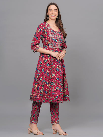 Mitrika Maroon Floral Printed Cotton Kurta Set with Embroidered Yoke