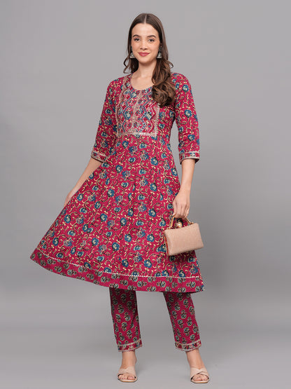 Mitrika Maroon Floral Printed Cotton Kurta Set with Embroidered Yoke
