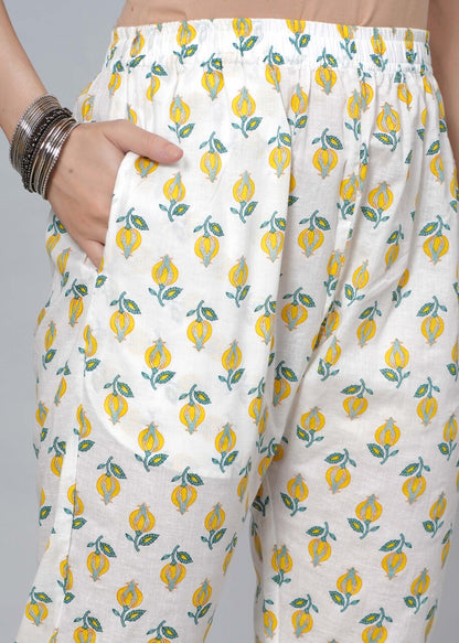 Mitrika Floral Yellow Print Straight Kurta Pant Set