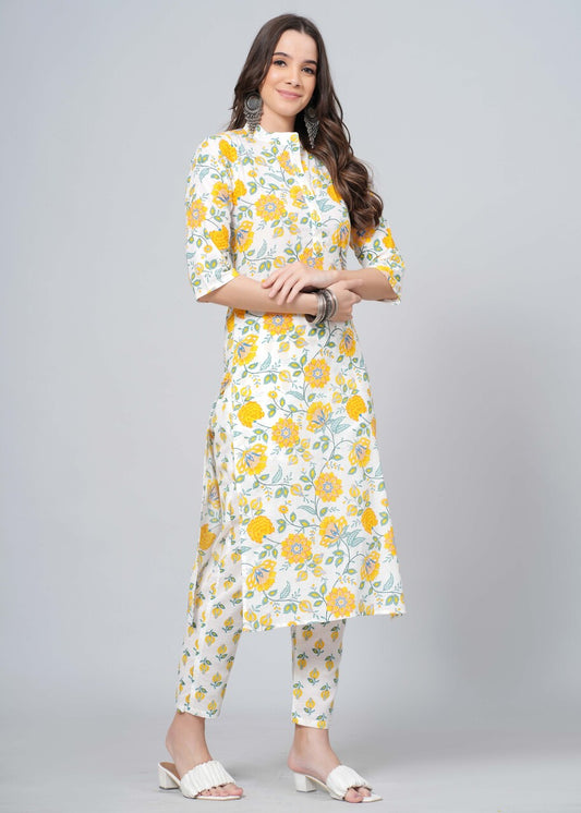 Mitrika Floral Yellow Print Straight Kurta Pant Set
